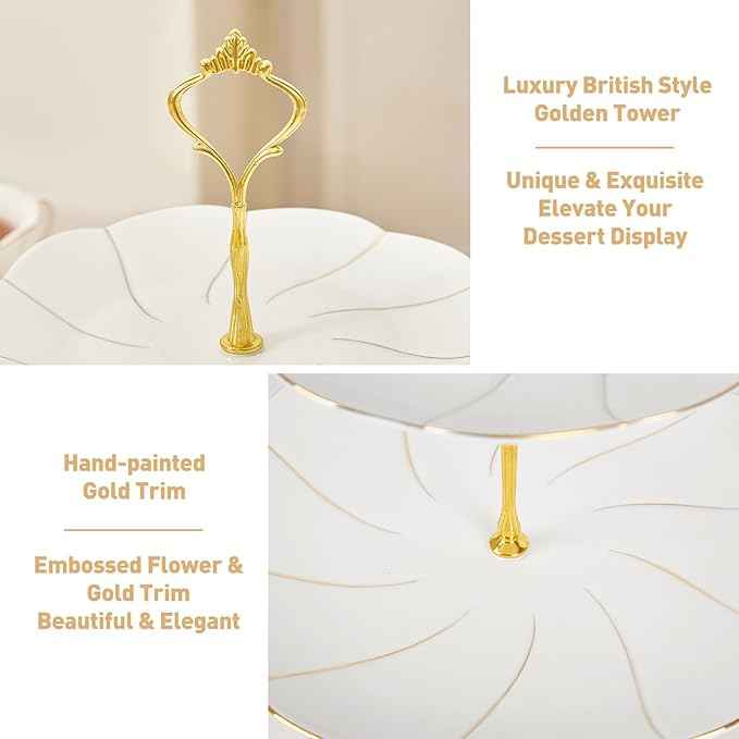 DUJUST 22 pcs Porcelain Tea Set for 6 ＆ Larger 2-Tier Cupcake Stand Tower, Luxury British Style Tea/Coffee Cup Set with Golden Trim, Food Grade Dessert Display Stand for Tea Party - White