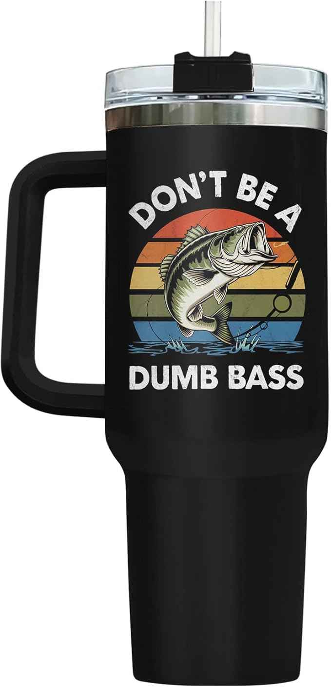34HD Funny Fishing Tumbler 40oz with Handle Lid and Straw, Don’t Be a Dumb Bass Insulated Travel Coffee Cup, Father’s Day Gift for Men & Papa, Outdoorsman Fisherman Birthday Present