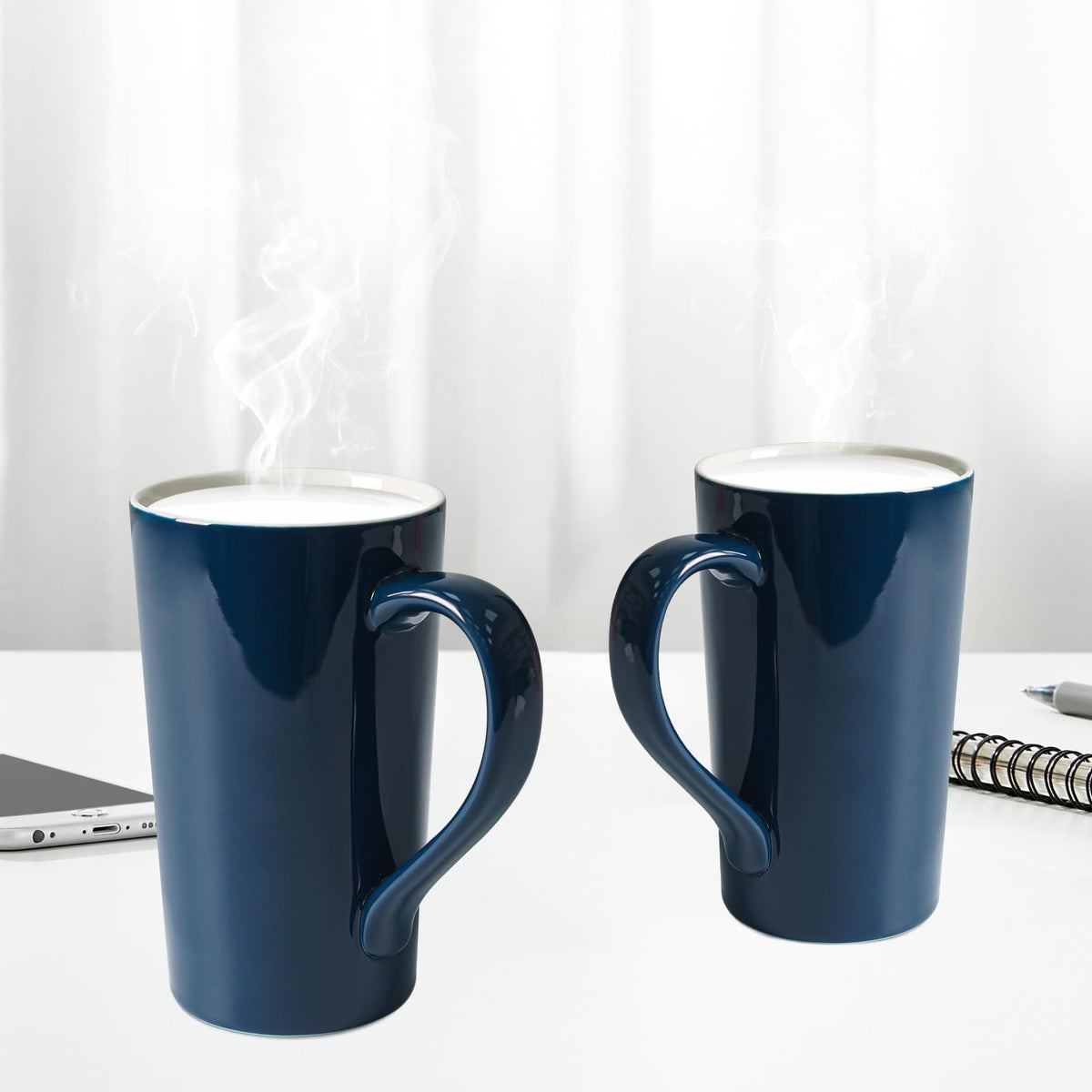 Blue ceramic mug handle detail