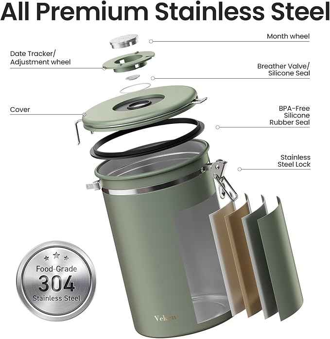 Veken Coffee Canister, 39OZ Large, Airtight Stainless Steel Food Storage Container for 2.2lbs Coffee Beans, Ground, Sugar, Tea, Flour, Cereal, Kitchen Bar Accessories with Date Tracker & Scoop, Green