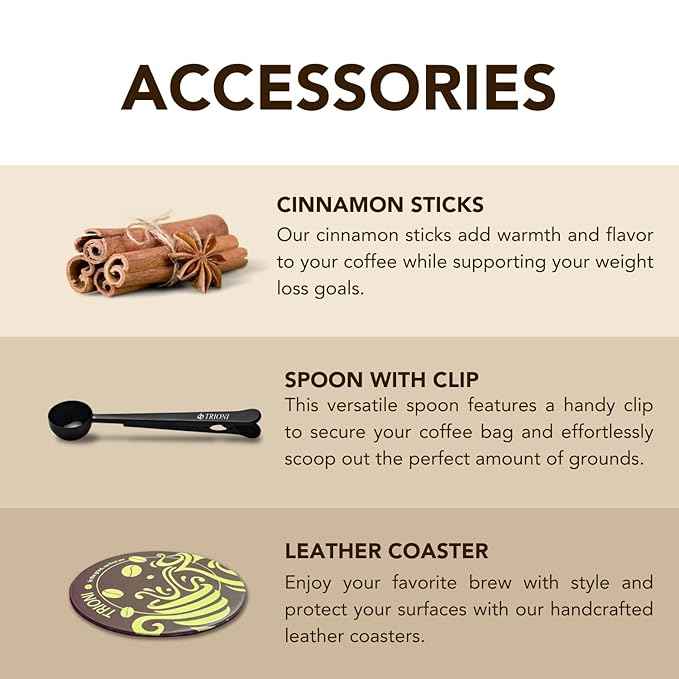 Colombian Coffee Sampler Gift Set Includes Four (4x2.5oz) Ground Coffee Medium Roast Individual Coffee Packets with Cinnamon Sticks, Coaster, Clip and Spoon. Coffee Gifts for Coffee Lovers by TRIONI