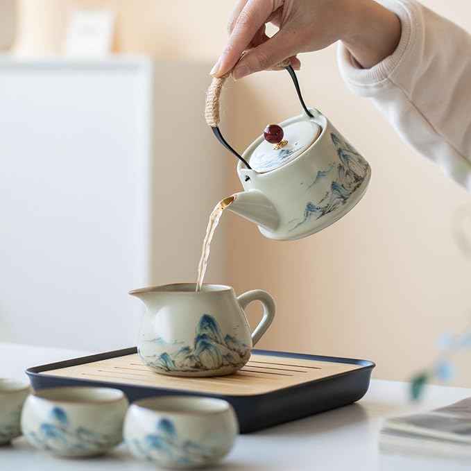 Chinese Gongfu Tea Set, 7-Piece Ceramic Set with Landscape Design, Travel Case, Spill-Proof Tray, Gift Box