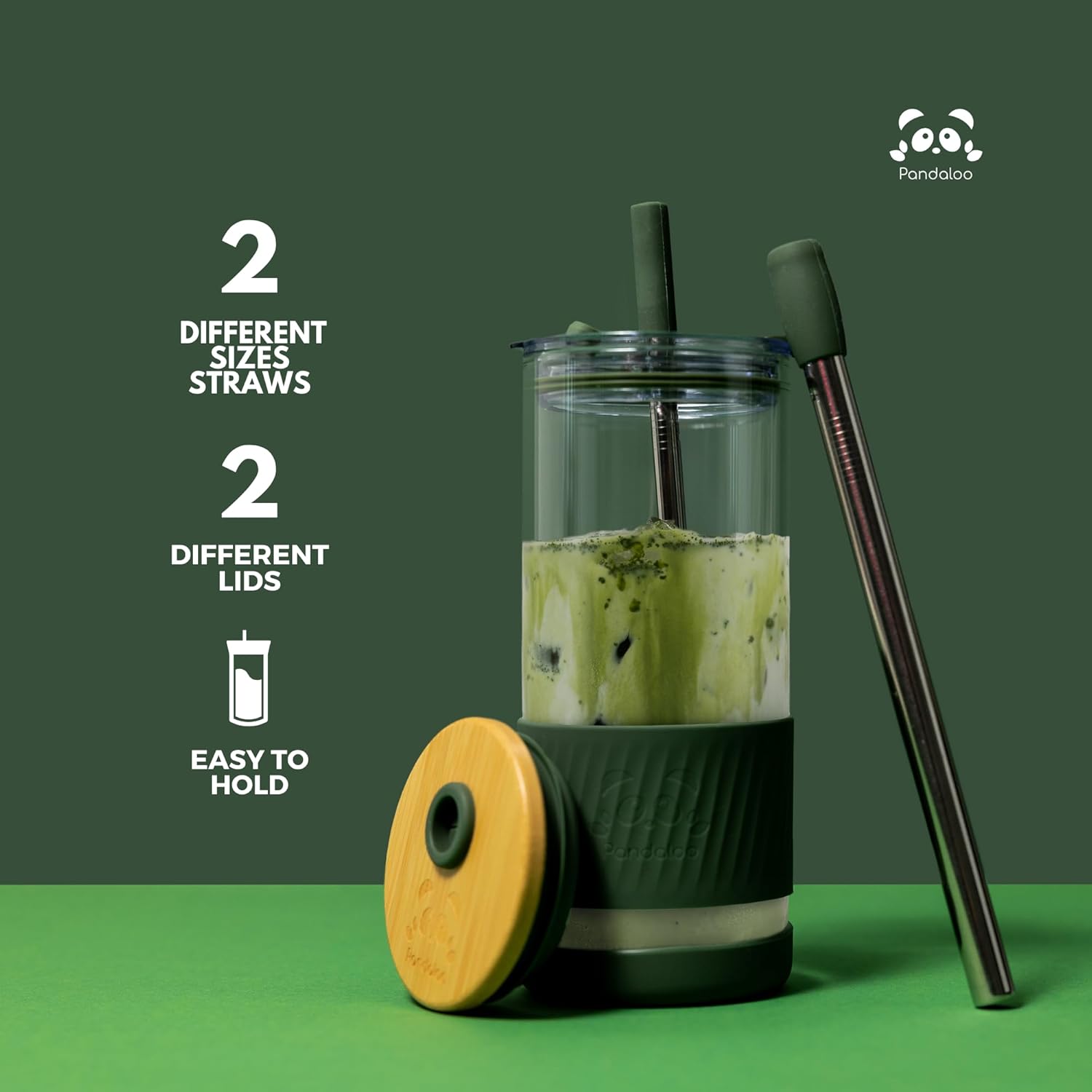 Pandaloo® Glass Cups With Lids and Straws -20 Fl Oz- Perfect Size Iced Coffee Cup - Smoothie Cup With Bamboo Lid and On the go Lid (Ethnic chic-Pink Powder, 1 Count (Pack of 1))