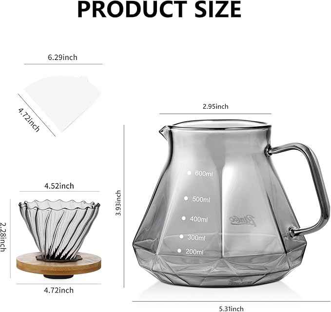 Bincoo Pour Over Coffee Maker Set - Borosilicate Glass Dripper with Walnut Handle & Glass Lid, 50 pcs Paper Filters Included - 600ml Pour Over Coffee Dripper for Home, Café, & Camping (Dark Gray)