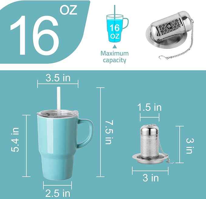 Sweejar Ceramic Tea Cup with Lid, 16 OZ Portable Coffee Mug, Dishwasher Safe Travel Mug with Infuser, Reusable Teacup for Car Cup Holder, Tea Lovers(Turquoise)