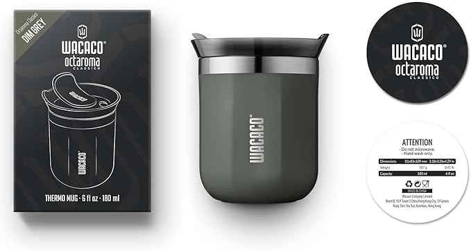 WACACO Octaroma Classico Vacuum Insulated Coffee Mug, Double-wall Stainless Steel Travel Tumbler With Drinking Lid, 6 fl oz (180ml), Dim Grey