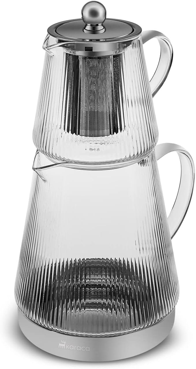 Karaca Keops Turkish Small Teapot with Infuser and Lid (450 ml Tea Pot & 1500 ml Induction Kettle) - Borosilicate Glass Small Teapot Set for Stovetops - Clear Tea Maker with 10-15 Cups Capacity