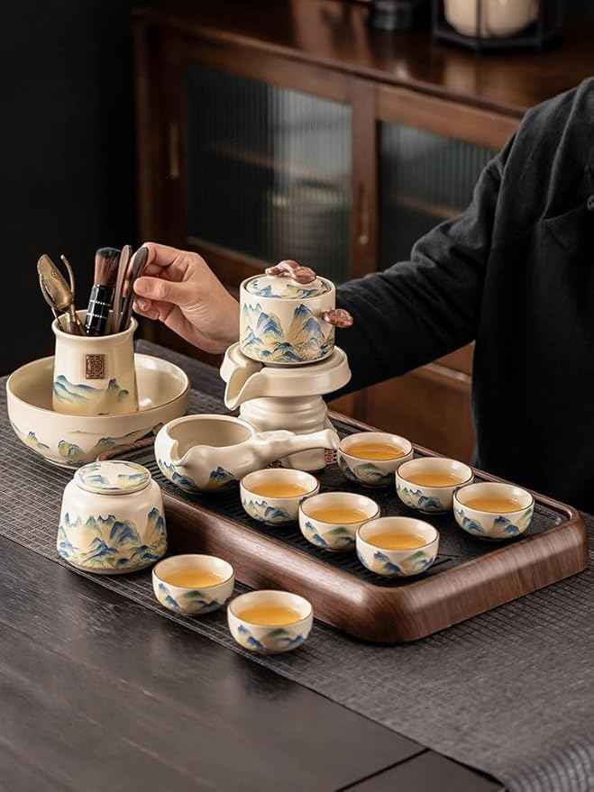 Ru Kiln Automatic Gongfu Tea Set, Rotating Pouring Teapot-suit6