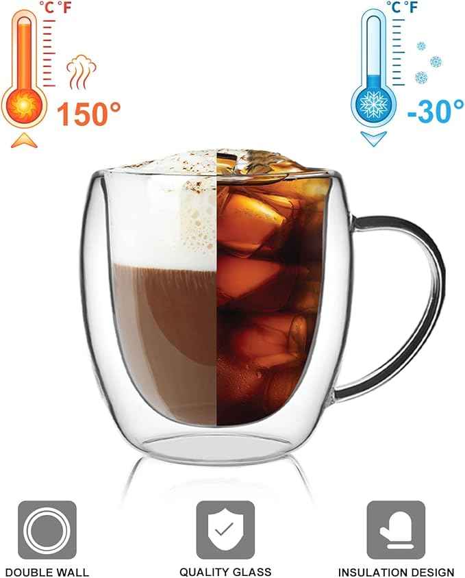 LIBWYS 12oz Double Walled Coffee Cups Glasses Mugs, Espresso Cappuccino Latte Tea Cups with Handle 350ml (2x250ml)