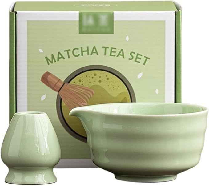 Ceramic Matcha Kit for Breakfast Afternoon Tea Contains Bowl Tea Brush Stand, Visiting Gifts Matcha Bowl Set Entertaining Guests Negotiating Business(Green-A)