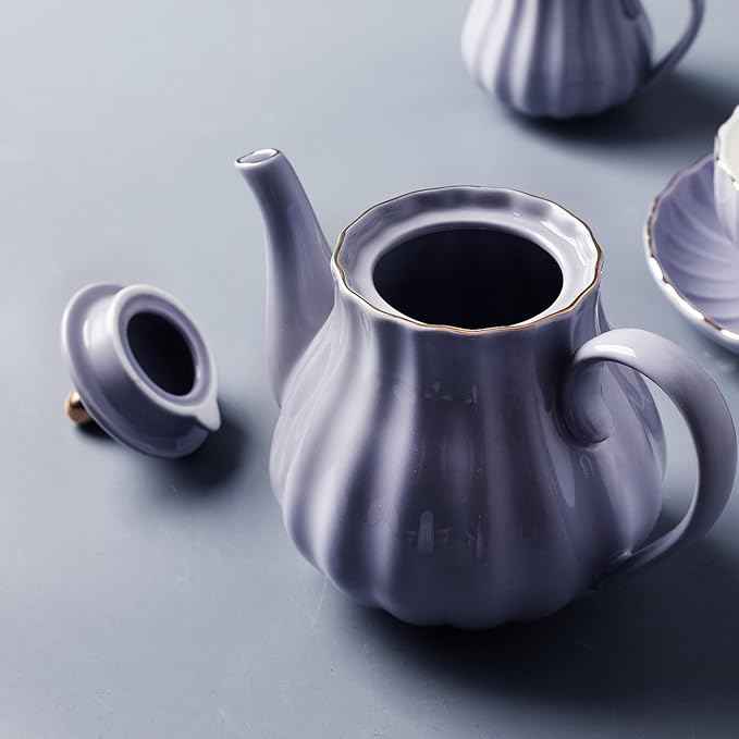 Porcelain Tea Sets British Royal Series, 8 OZ Cups& Saucer Service for 6, with Teapot Sugar Bowl Cream Pitcher Teaspoons and tea strainer for Tea/Coffee, Pukka Home(purple)