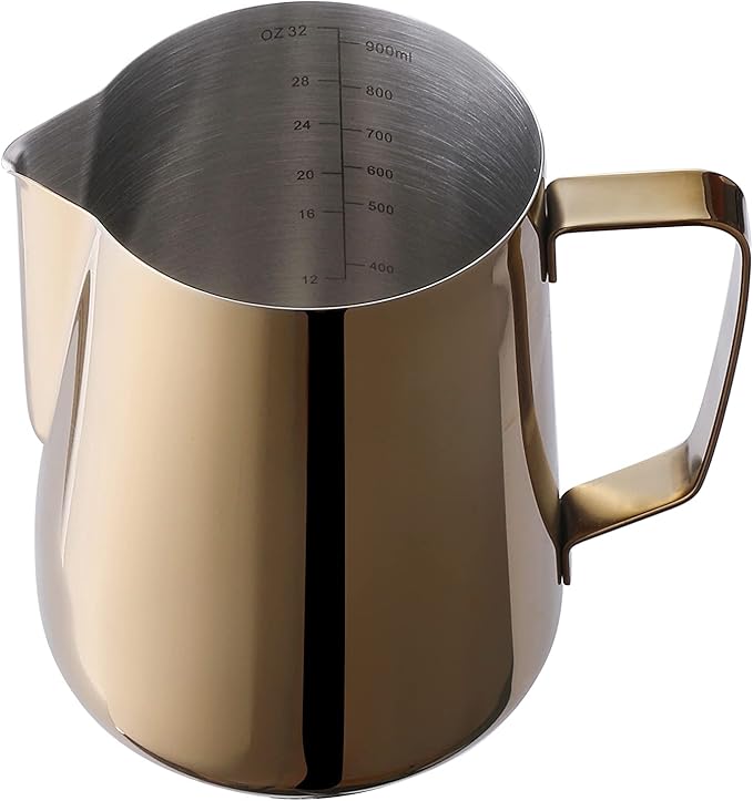 32oz Stainless Steel Milk Frothing Pitcher - Double Measurement Scale, Perfect for Latte Art, SUS304, 900ML Golden