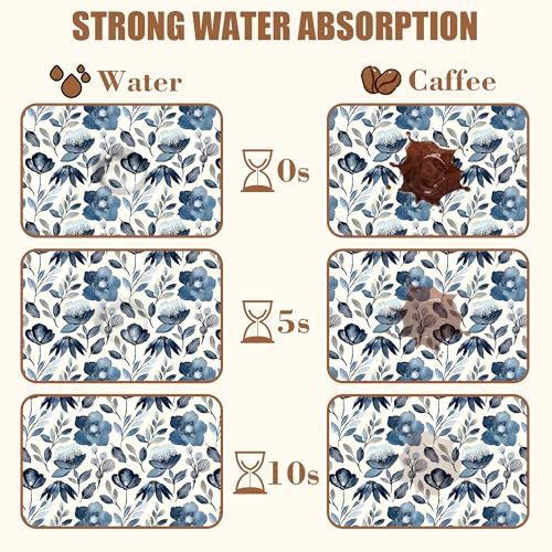 Blue Flowers Dish Drying Mat for Kitchen Counter Coffee Bar Mat Hide Stain Absorbent Coffee Mat with Non