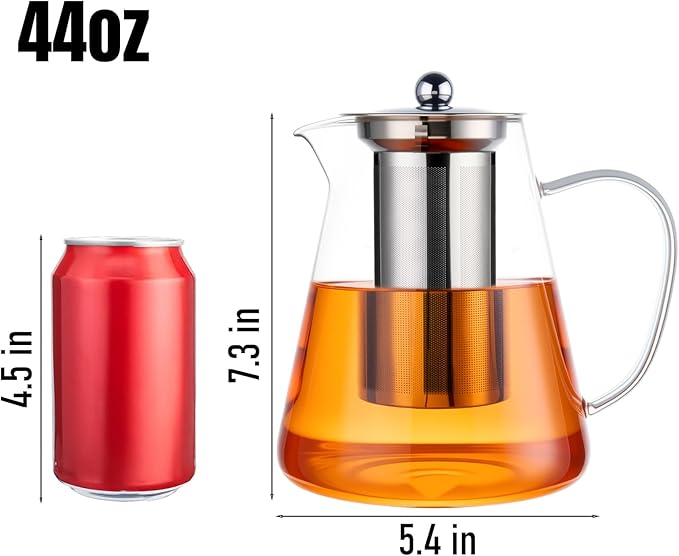 Baalaka Glass Teapot 44oz/1300ml, Tea Pot with Removable Infusers for Loose Tea, Borosilicate Glass Tea Kettle Tea Maker Stovetop for Camping, Tea Infuser for Loose Leaf Tea Travel
