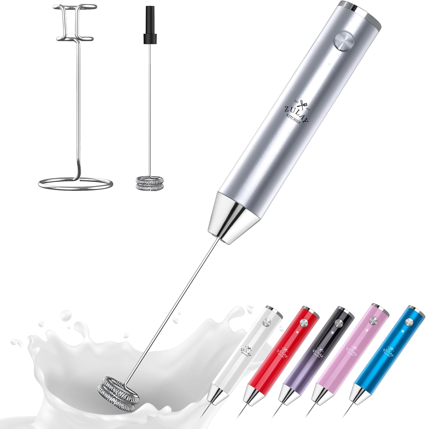 Zulay Kitchen Lux Rechargeable Milk Frother Handheld - Powerful 2-Speed Motor, Fully Waterproof, 2000mAh Battery - Drink Mixer For Latte, Cappuccino, Matcha, Protein Powder - Silver