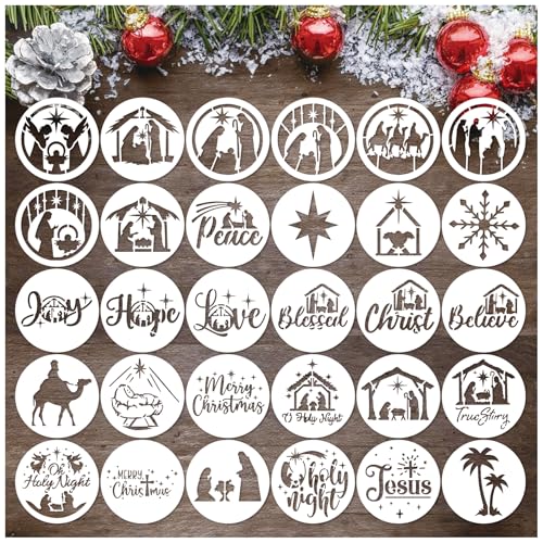 30 Pieces Small Christmas Nativity Stencils for Painting on Wood Reusable Palstic Nativity Scene Stencils for DIY Crafts Ornament Wood Cookie (30 Count)