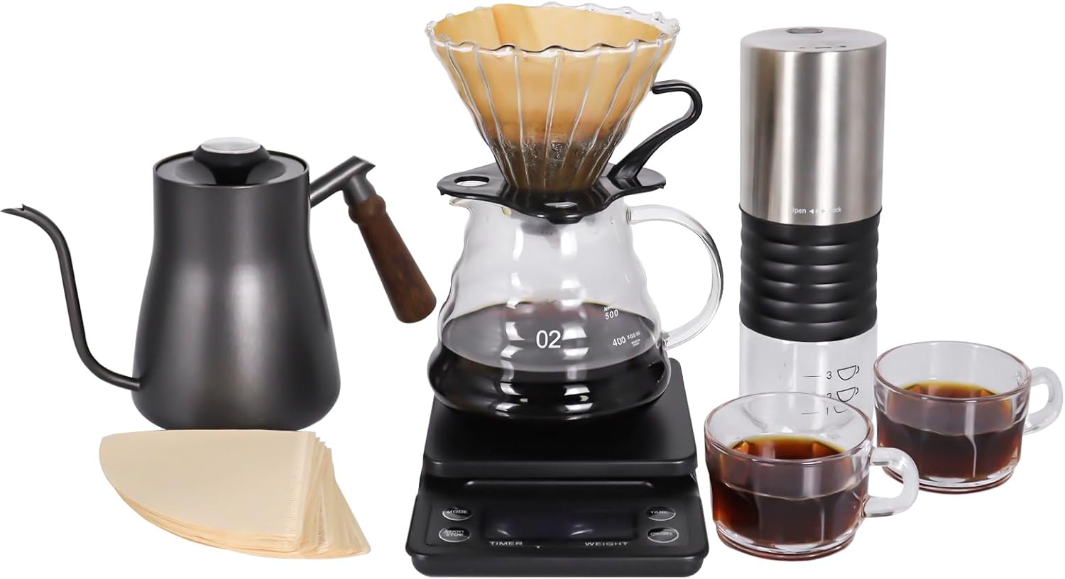 SOTECH Outdoor Coffee Hand Brewing Set Easy Operate Portable Travel Bag With Electric Grinder Hand Brewing Pot 850Ml For Outdoor Camping Rv Hiking Picnic (Coffee Set For 2 Cups)