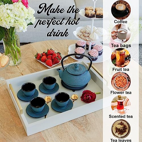 Large 11PC Japanese Tea Set "KONJOU Blue" Cast Iron Tea Pot 26Oz with 4 Tea Cups