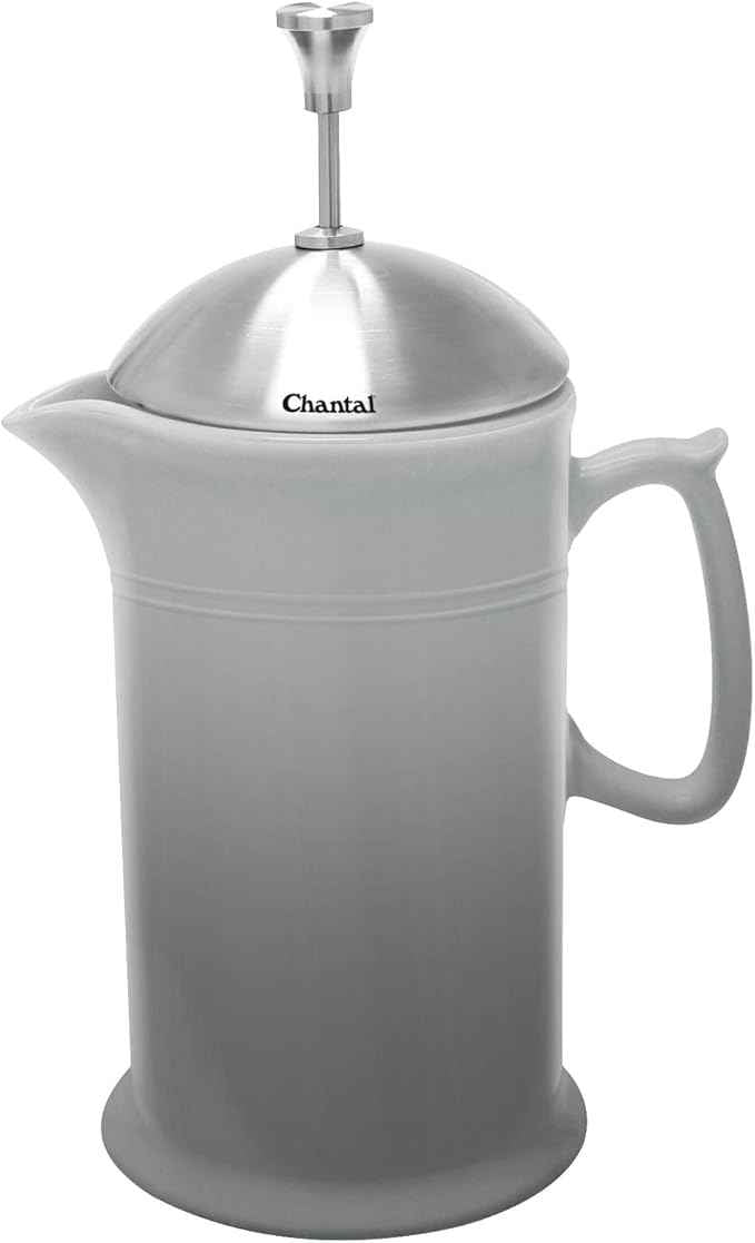 Chantal Stoneware French Press with Stainless Steel Plunger and Lid, 28 ounce capacity, Fade Grey