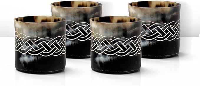 Handicrafts Home Viking Horn Shot Glasses Set of 4, Handmade Natural Ox Horn, Rustic Viking Drinkware Whiskey Shot Cups, Father’s Day Gifts, Medieval Decor Gift Set for Men & Groomsmen, Birthday Gifts