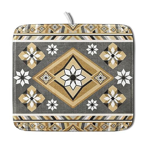 Boho Yellow Gray Aztec Dish Drying Mat for Kitchen Counter