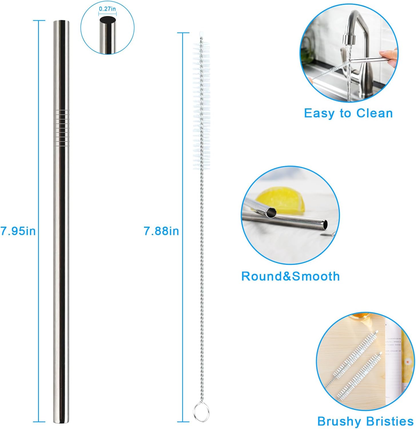 Metal Straws Reusable for Stanley Iceflow Flip 30oz Tumbler,6 Pack Replacement Stainless Steel Straws with 2PCS Straw Cleaner Brush for Stanley Accessories (Stainless Steel, for Stanley Iceflow 30oz)