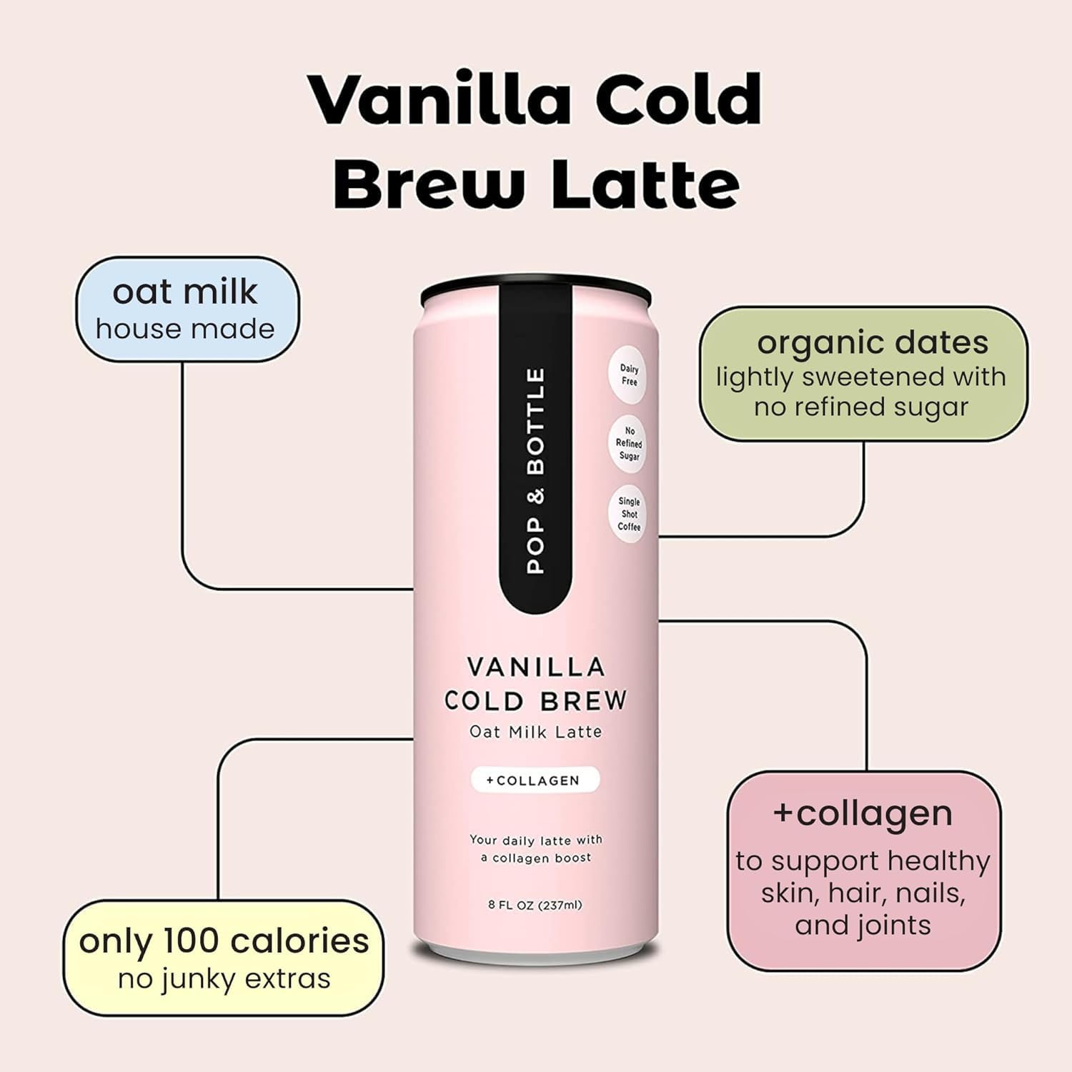 Pop & Bottle, Vanilla and Matcha Oat Milk Lattes - Reishi and Maitake Mushrooms, Green Tea, Cold Brew, Marine Collagen, MCT Oil, Organic, Dairy & Gluten Free, Vegan - 8 Fl Oz, (Pack of 12), 6 Each
