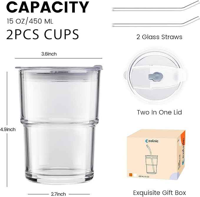 2PCS Glass Cups With Lids And Straws, Iced Coffee Cup,15Oz/450ml Iced Coffee Glasses Tumbler, Thick Wall Glass Mug For Tea Water, Matcha Cup Chirstmas Gifts (Clear, 2PCS)