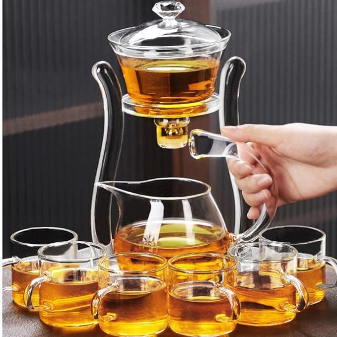 MOZEO Lazy Kungfu Teapot Glass Semi-automatic Tea Maker Suction Automatic Water Brewing Teapot Office Flower Glass Tea Set with 6pcs Cups