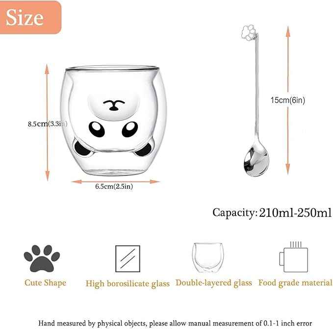 Panda Mug Cute Mugs Glass Double Wall Insulated Glass Espresso Cup, Kawaii Mug, Coffee Cup, Tea Cup, Milk Cup, Birthday Christmas Gifts(Panda)