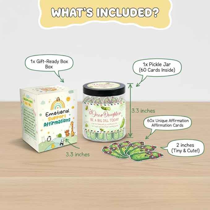 60 Positive Pickle Cards Jar for Daughter with Affirmation Cards, Daughters Birthday Gift Ideas from Mom, Dad, Daughter Gifts, Unique Birthday Gifts for Daughter in Law