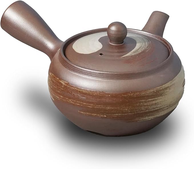 Banko-Yaki Japanese Tea Pot – Traditional Japanese Tea Kettle with Stainless Steel Bottom Strainer – Heat Resistant and Durable Ceramic Teapot for Deep Steamed Tea (White Brush and Brown)