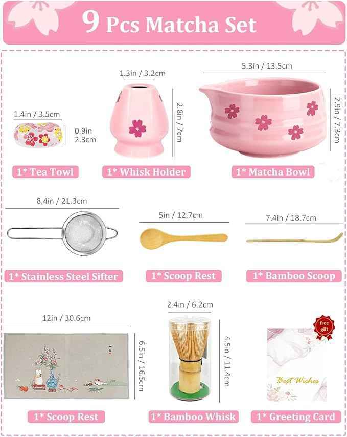 8Pcs Cute Ceramic Matcha Set with Whisk Bowl, Matcha Tea Kit Holder, Bamboo Scoop, Sifter, Towel Included, Valentine's Mother's Day Gift for Matcha Lover Women (Pink Sakura)