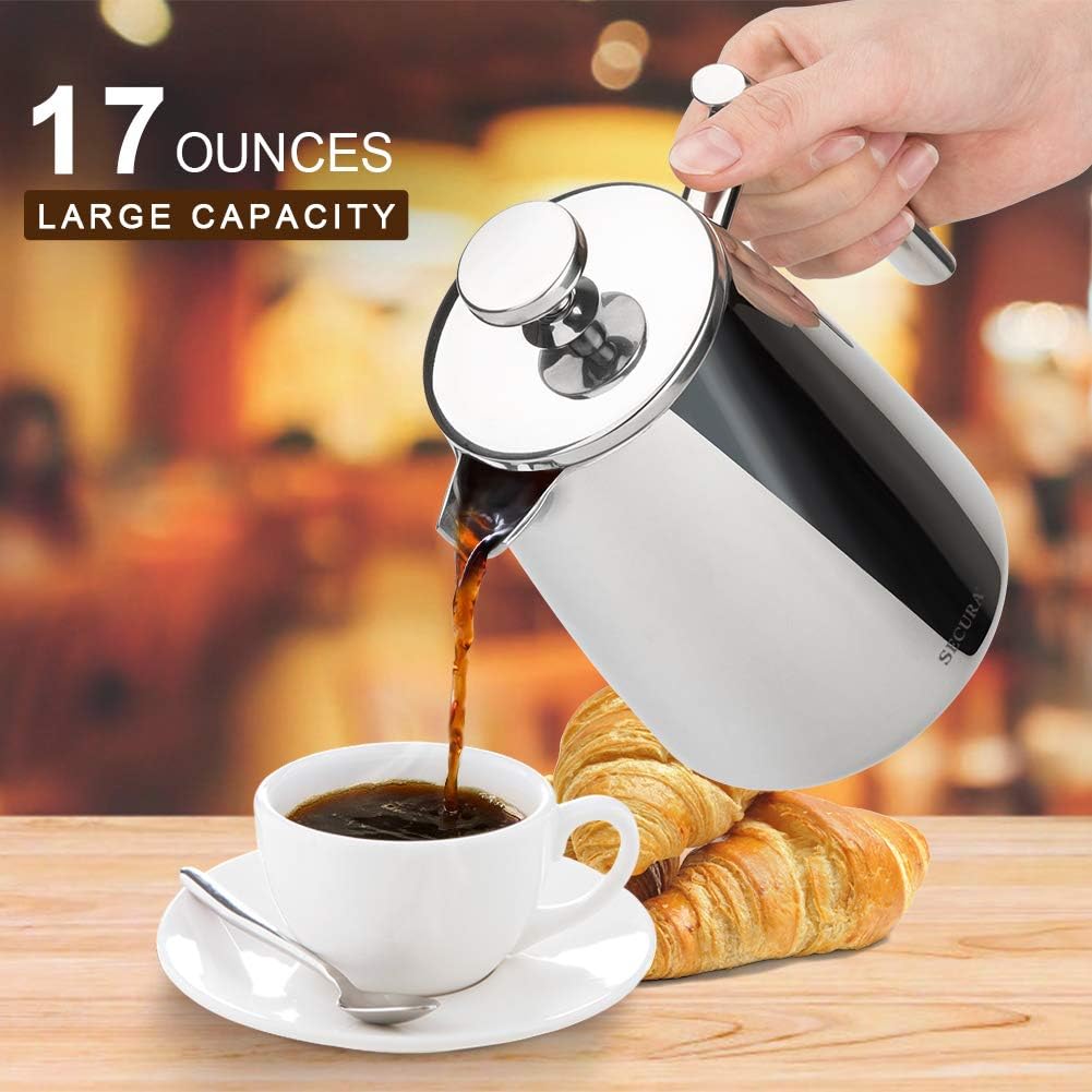 Secura French Press Coffee Maker, 17-Ounce, 304 Stainless Steel Insulated Coffee Press with Extra Screen - Blissbrew