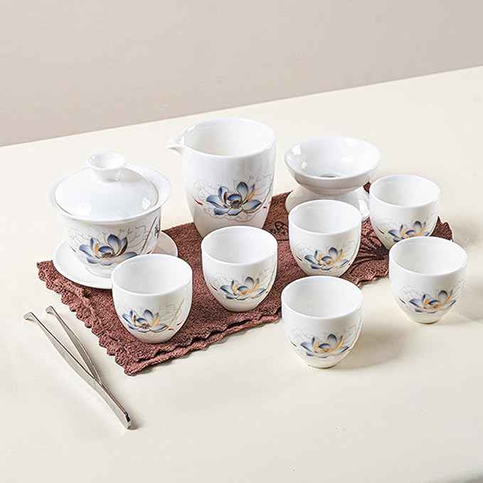KEYDUACU Gaiwan Chinese Gongfu Tea Set，Asian Adult White Ceramic Tea Set, 6 Cups Suitable for Small Gatherings, Home and Office,Gift Giving(Home-Lotus Flower)