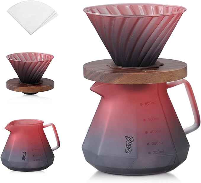 Bincoo Pour Over Coffee Maker Set - Borosilicate Glass Dripper with Walnut Handle & Glass Lid, 50 pcs Paper Filters Included