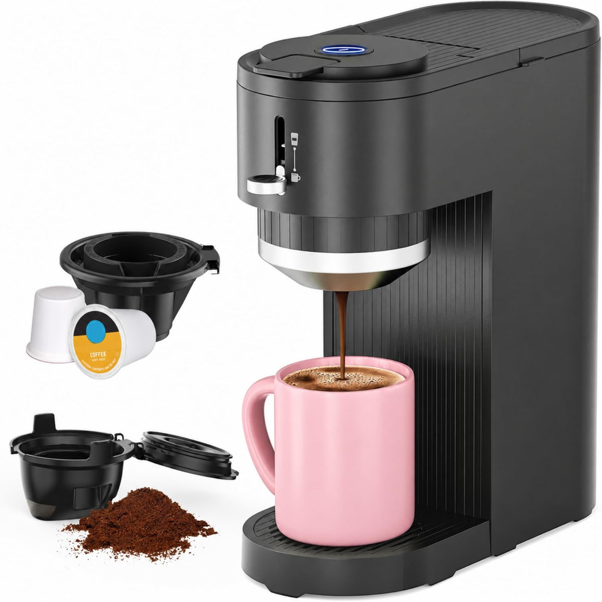 Compact black single serve coffee maker front view