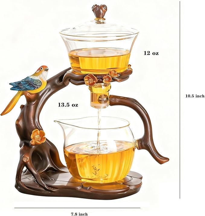 Lazy Kungfu Glass Tea Set Heat Resistant Semi Automatic Drip Rotating with Infuser Magnetic Teapot Set for Gongfu Tea Making Ideal (Bird)