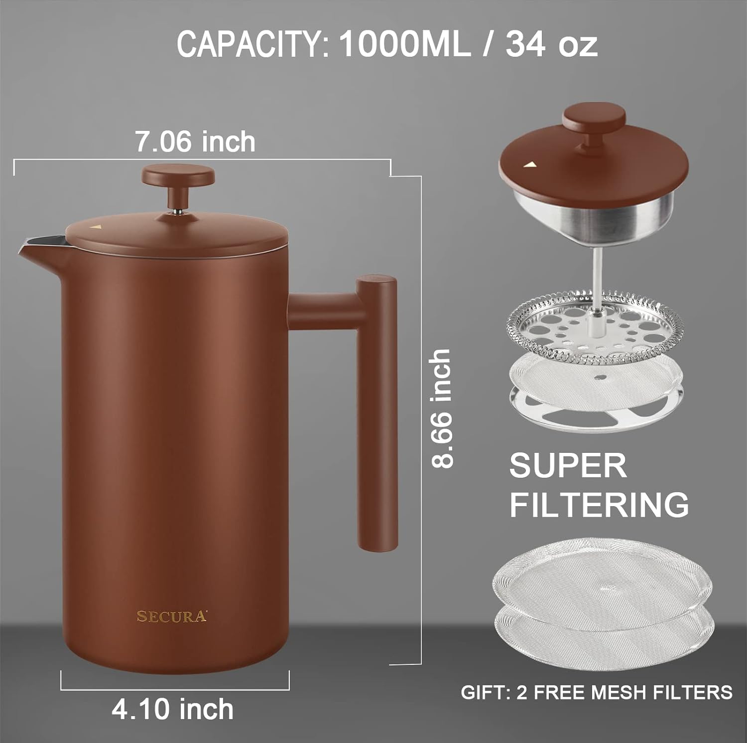 Secura French Press Coffee Maker, 304 Grade Stainless Steel Insulated Coffee Press with 2 Extra Screens, 34oz (1 Litre), Coffee - Blissbrew