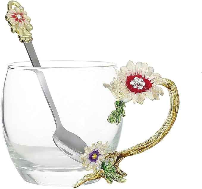 Tea Cup Gifts for Mom Women Mothers Day Glass Coffee Enamels Mug Birthday Butterfly Rose Gifts for Her Valentines Day Christmas Tea Cup with Spoon (A-Cup-Short-Chrysanthemum)