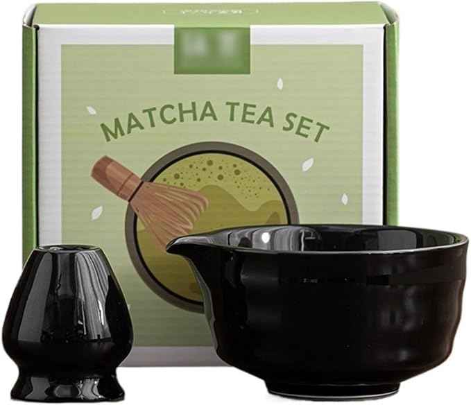 Ceramic Matcha Kit for Breakfast Afternoon Tea Contains Bowl Tea Brush Stand, Visiting Gifts Matcha Bowl Set Entertaining Guests Negotiating Business(Black-A)