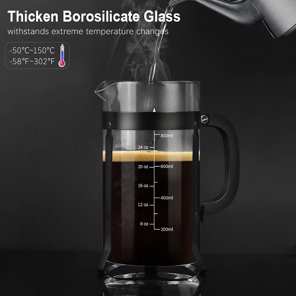 QUQIYSO French Press Coffee Maker 34oz 304 Stainless Steel French Press with 4 Filter, Heat Resistant Durable, Easy to Clean, Borosilicate Glass Coffee Press, 100% BPA Free Glass Teapot, Black - Blissbrew