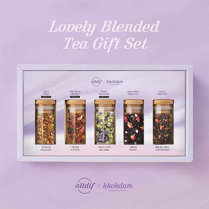KKOKDAM Lovely Blending Tea Gift Set – Premium 5-Flavor Tea Sampler (3 Herbal & 2 Black Tea Blends) – Loose Leaf Tea Variety Pack in Glass Jars – Unique Korean Gift Box for Women, Mom & Tea Lovers