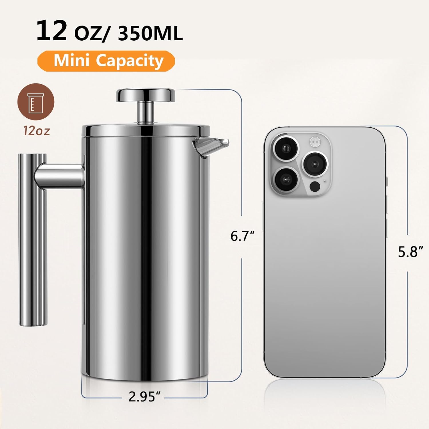 Small French Press 350ml, Double-Wall Insulated French Press Coffee Press Stainless Steel for travel camping, Single Cup Pour Over Coffee Maker (1 cup, 12 OZ) - Blissbrew