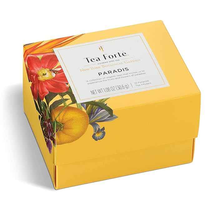 Tea Forte Paradis 3-Piece Premium Tea Gift Set with Mango Yellow Cafe Cup with Lid, Tea Tray and 10 Assorted 2 of Each Variety Organic Handcrafted Pyramid Infuser Tea Bags