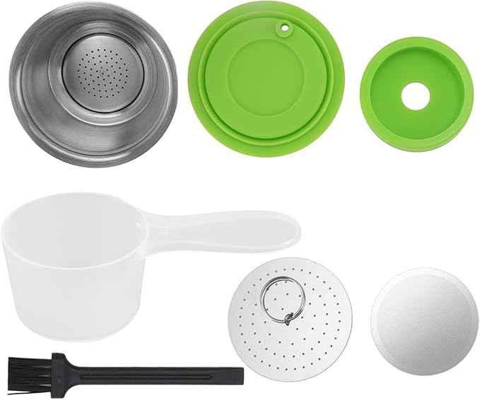 Refillable Coffee Capsule, Stainless Steel Reusable Coffee Pod, High Temperature with Food Grade Silicone Lid for Machines, Includes Scoop and Brush (Green)