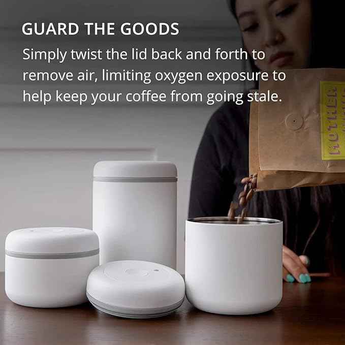 Fellow Atmos Vacuum Canister for Coffee & Food Storage - Airtight Sealed Container, Matte White, Large Coffee Bean Storage, 1.2 Litre Jar