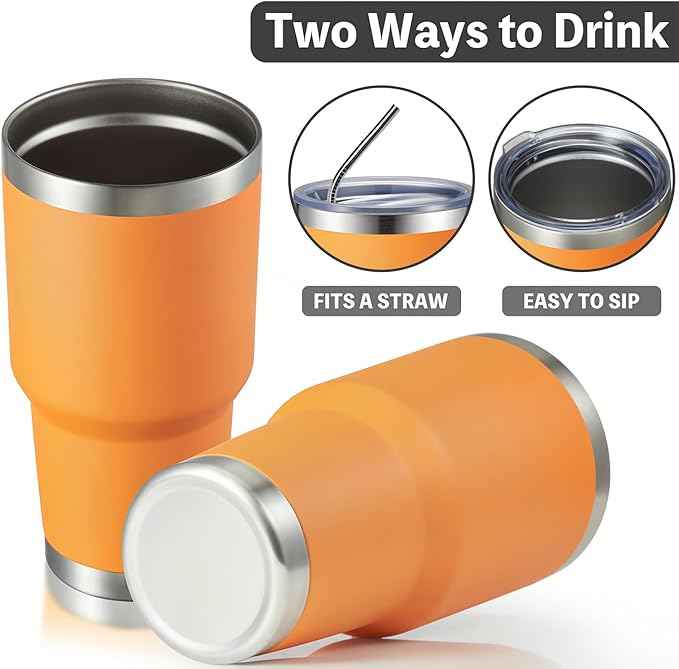 MEWAY 30oz Insulated Tumbler With Lids and Straws,Stainless Steel Double Vacuum Coffee Tumbler Cup, Brush, Durable Powder Coated Coffee Cup for Cold & Hot Drinks, Office, Travel(Orange,8 PACK)