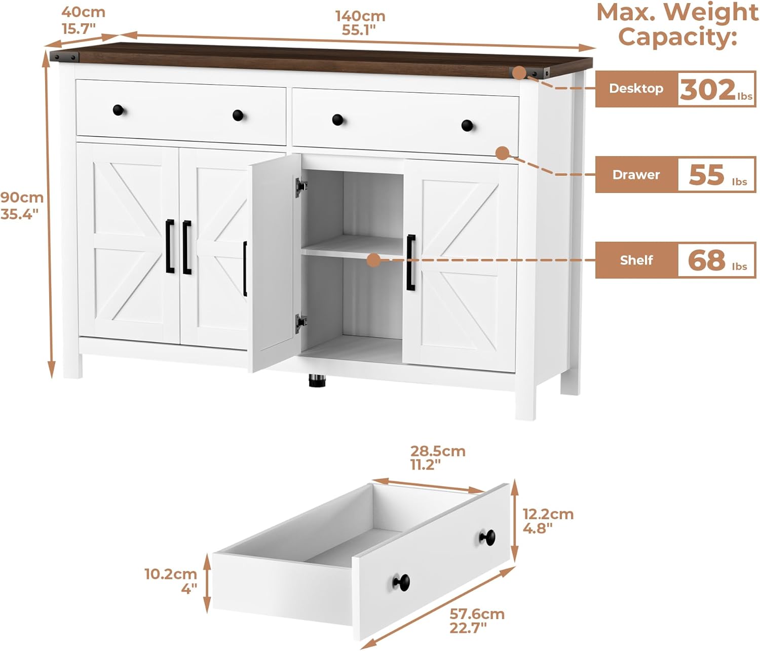 55" Sideboard Buffet Cabinet with Storage, Coffee Bar Cabinet with 2 Drawers and 4 Barn Doors, Long Storage Cabinet Modern Farmhouse, White Wood, for Kitchen, Dining Room, Living Room