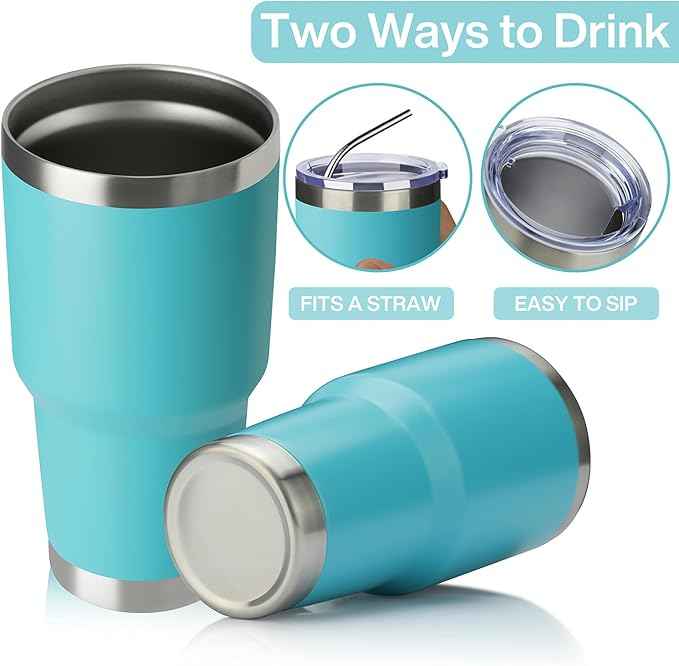 MEWAY 30oz Insulated Tumbler With Lids and Straws,Stainless Steel Double Vacuum Coffee Tumbler Cup, Brush, Durable Powder Coated Coffee Cup for Cold & Hot Drinks(Light Blue,8 PACK)